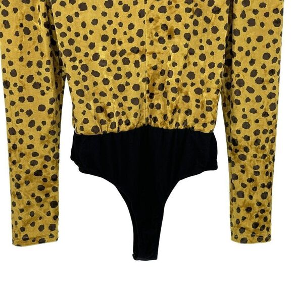4SI3NNA Gold Leopard Velvet Bodysuit Long Puff Sleeves Front Cutout Women Medium - Picture 6 of 10